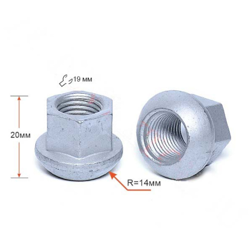 Гайка колеса M14x1.5 Сфера h-20мм открытая, Дакромет, Ключ 19, Арт. 400148BD