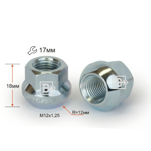 Гайка колеса M12x1.25 Сфера h-18мм открытая, Хром, Ключ 17, Арт. 300044BCR