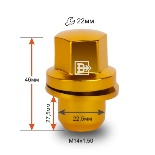 Гайка колеса M14x1.5 Прессшайба h-46мм закрытая, Золотой хром, Ключ 22, Арт. 734648GDCR