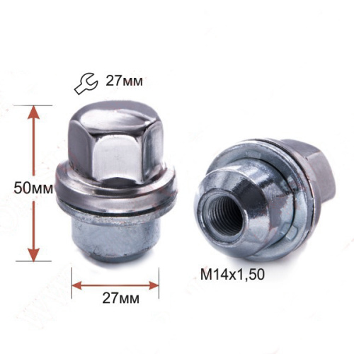 Гайка колеса M14x1.5 Прессшайба h-50мм закрытая, Цинк, Ключ 27, Арт. 754648IZ