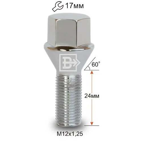 Болт колёсный M12x1.25 Конус L-24мм Хром, Ключ 17, Арт. 180624CR