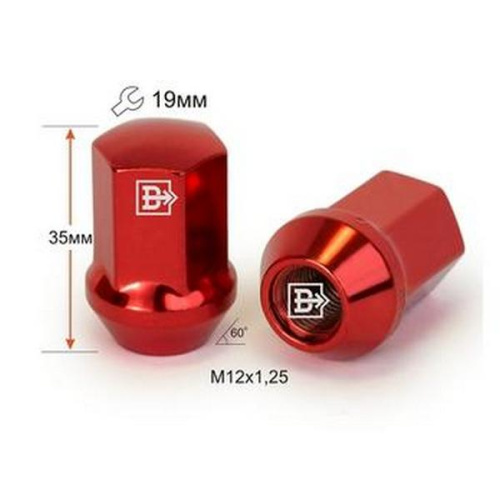 Гайка колеса M12x1.25 Конус h-35мм закрытая, Красный хром, Ключ 19, Арт. 801444RDCR