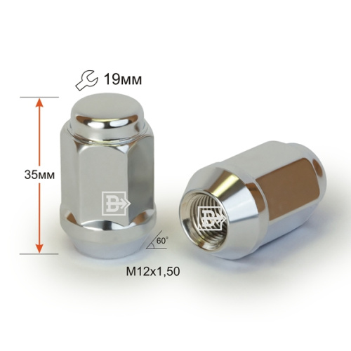 Гайка колеса M12x1.5 Конус h-34мм закрытая, Черный хром, Ключ 19, Арт. 801445 Cr