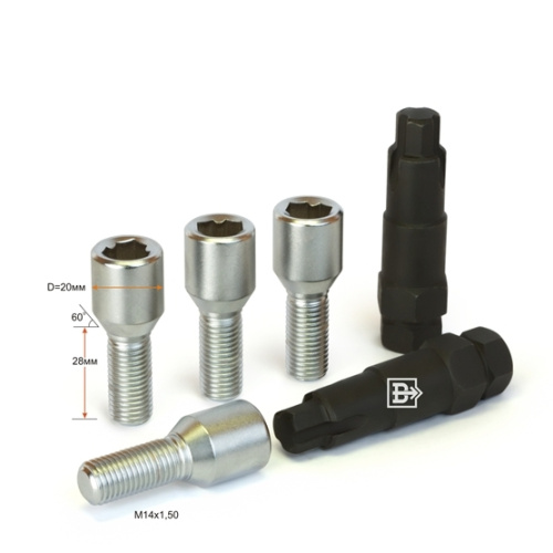 Секретные болты M14x1.5 Конус L-28мм Хром, Ключ 17-19, Арт. 264110F2