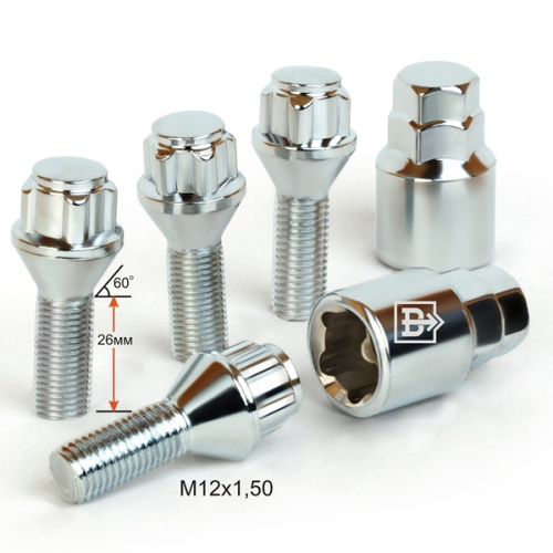 Секретные болты M12x1.5 Конус L-26мм Хром, Ключ 17-19, Арт. 375103H2