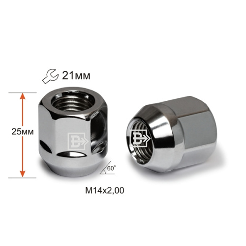 Гайка колеса M14x2.0 Конус h-25мм открытая, Хром, Ключ 21, Арт. 910073CR