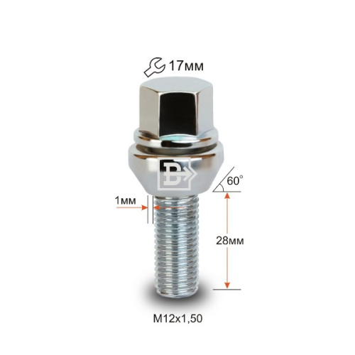 Болт колёсный M12x1.5 Конус L-28мм Хром, Ключ 17, Арт. 175110PCD