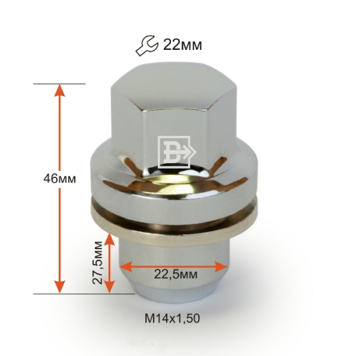 Гайка колеса M14x1.5 Прессшайба h-46мм закрытая, Хром, Ключ 22, Арт. 734648CR