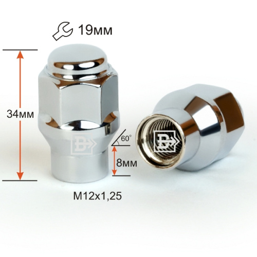 Гайка колеса M12x1.25 Конус с носиком h-35мм закрытая, Хром, Ключ 19, Арт. 801444ETCR