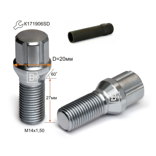 Болт колёсный M14x1.5 Конус L-27мм Хром, Спец Ключ, Ключ 171906SD Арт. 174105SD