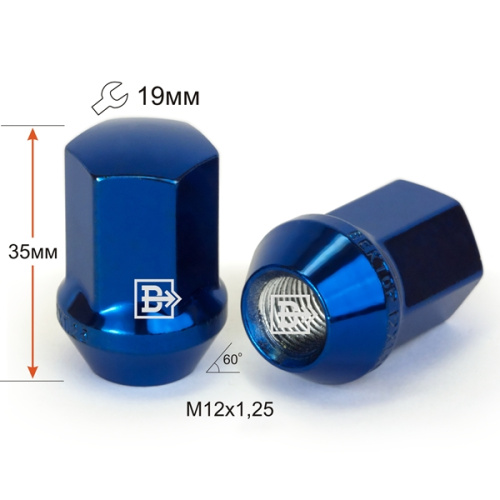 Гайка колеса M12x1.25 Конус h-35мм закрытая, Синий хром, Ключ 19, Арт. 801444BUCR