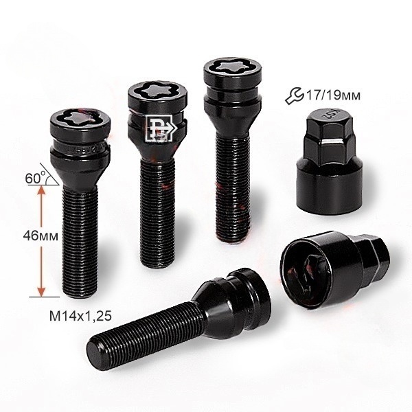 Секретные болты M14x1.25 Конус L-46мм Черный хром, Ключ 17-19, Арт. 677180F2BC