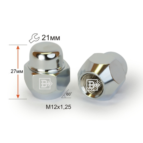Гайка колеса M12x1.25 Конус h-27мм закрытая, Хром, Ключ 21, Арт. 701144CR