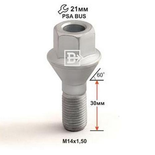 Болт колёсный M14x1.5 Конус L-30мм Дакромет, Ключ 21, Арт. 214120D
