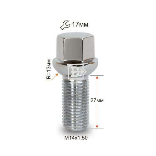 Болт колёсный M14x1.5 Сфера L-27мм Хром, Ключ 17, Арт. 1820R27