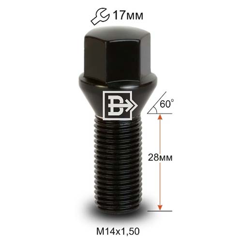 Болт колёсный M14x1.5 Сфера L-28мм Черный, Ключ 17, Арт. 1084110LBA