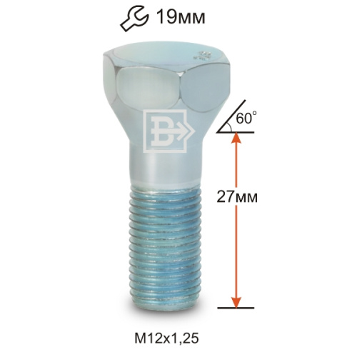 Болт колёсный M12x1.25 Конус L-27мм Черный хром, Ключ 19, Арт. 092105Z