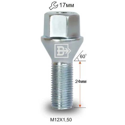 Болт колёсный M12x1.5 Конус L-24мм Хром, Ключ 17, Арт. 180724CR