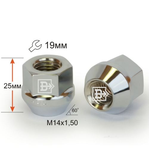 Гайка колеса M14x1.5 Конус h-20мм открытая, Хром, Ключ 19, Арт. 400048CR