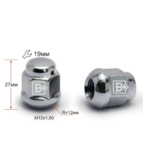 Гайка колеса M12x1.5 Сфера h-27мм закрытая, Хром, Ключ 19, Арт. 401145BCR