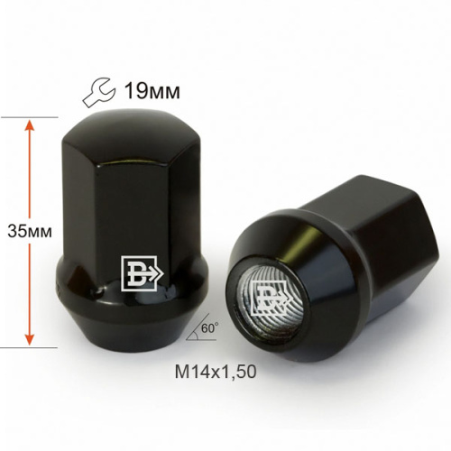 Гайка колеса M14x1.5 Конус h-35мм закрытая, Черный хром, Ключ 19, Арт. 801448 BA-Cr