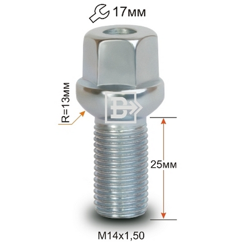 Болт колёсный M14x1.5 Сфера L-25мм Цинк, Ключ 17, Арт. 084100L