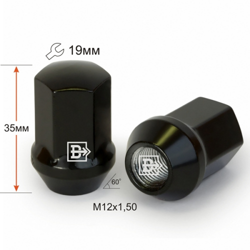 Гайка колеса M12x1.5 Конус h-35мм закрытая, Черный хром, Ключ 19, Арт. 801445 BA-Cr