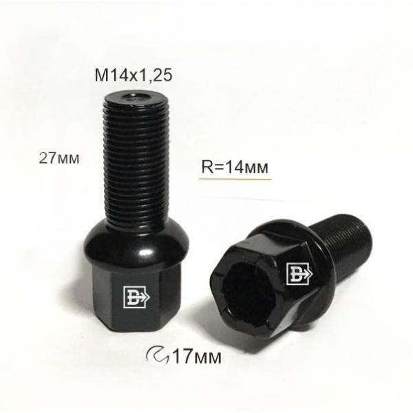Болт колёсный M14x1.25 Сфера L-27мм Черный цинк, Ключ 17, Арт. 087105LBA