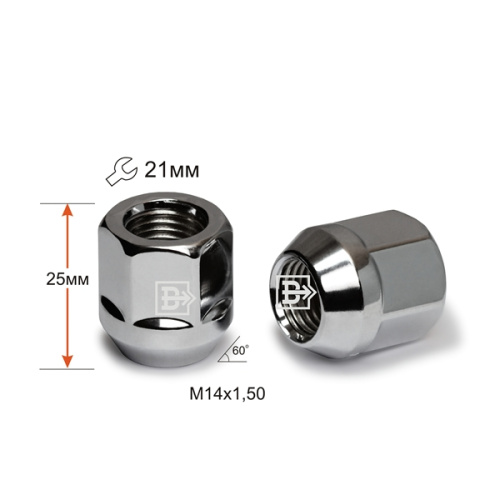 Гайка колеса M14x1.5 Конус h-25мм открытая, Хром, Ключ 21, Арт. 900048CR