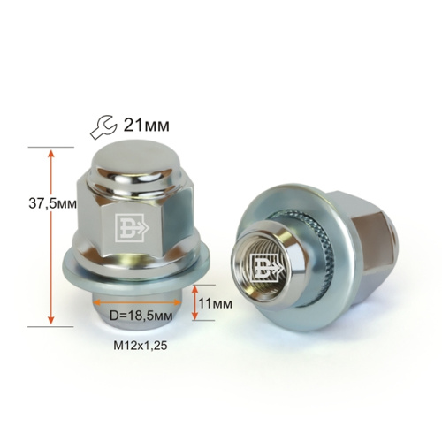 Гайка колеса M12x1.25 Прессшайба h-37.5мм закрытая, Хром, Ключ 21, нос 18.5 мм Арт. 723844 Cr