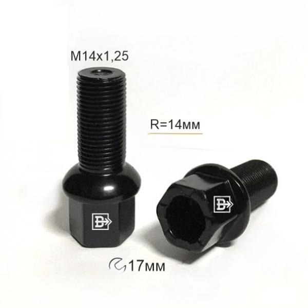 Болт колёсный M14x1.25 Сфера L-29мм Черный цинк, Ключ 17, Арт. 087117LBA