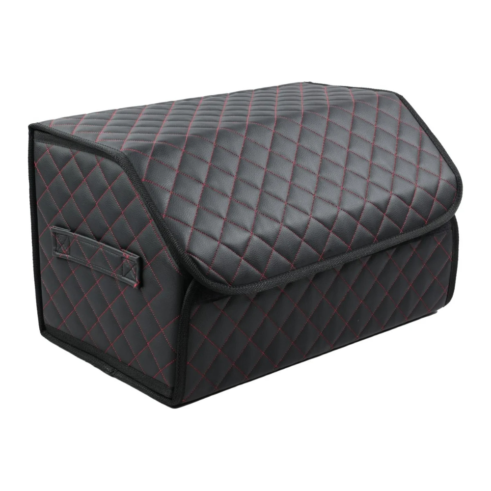 Органайзер в багажник из экокожа, черны+черный. красная строчка с липучкой, (50x30x30см) арт. 01967