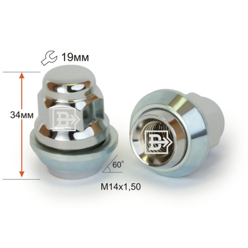 Гайка колеса M14x1.5 Конус вращающийся  h-34мм закрытая, Хром, Ключ 19, Арт. 341148 Cr