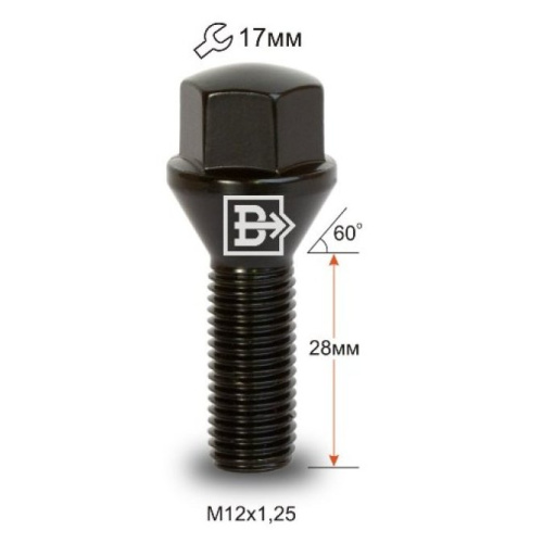 Болт колёсный M12x1.25 Конус L-28мм Черный цинк, Ключ 17, Арт. 4072110LBA