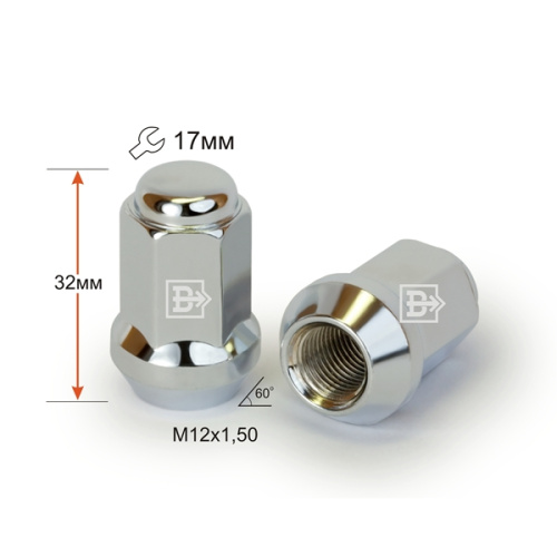 Гайка колеса M12x1.5 Конус h-34мм закрытая, Хром, Ключ 17, Арт. 311345 Cr