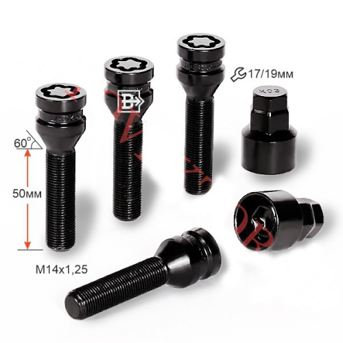 Секретные болты M14x1.25 Конус L-50мм Черный хром, Ключ 17-19, Арт. 677195F2BC