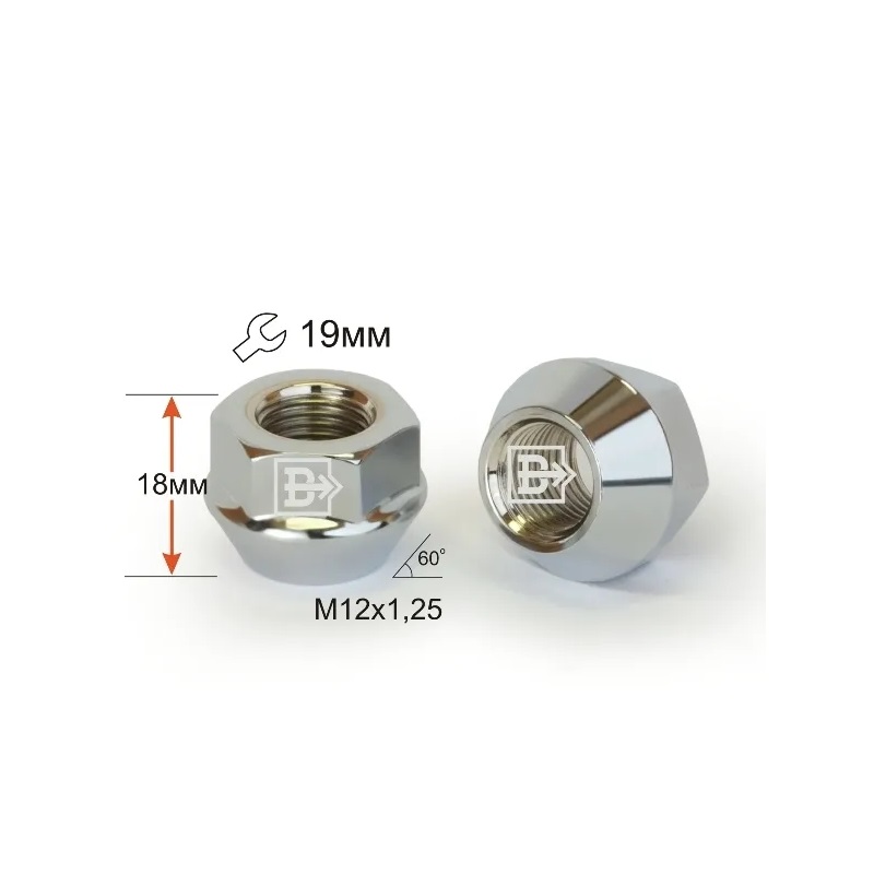 Гайка колеса M12x1.25 Конус h-19мм открытая, Хром, Ключ 19, Арт. 400044 Cr