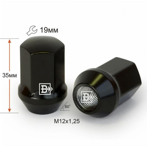 Гайка колеса M12x1.25 Конус h-35мм закрытая, Черный хром, Ключ 19, Арт. 801444BACR