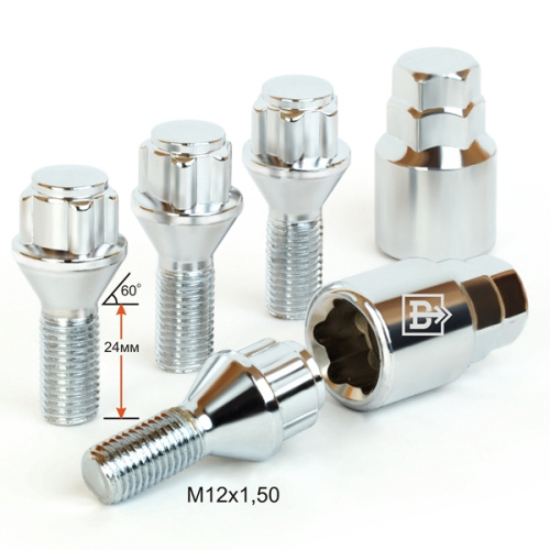 Секретные болты M12x1.5 Конус L-24мм Хром, Ключ 17-19, Арт. 375093H2