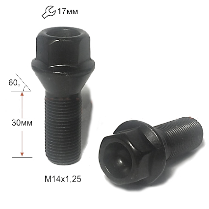 Болт колёсный M14x1.25 Конус L-30мм Черный цинк, Ключ 17, Арт. 077120 BA
