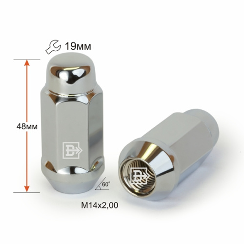 Гайка колеса M14x2.0 Конус h-48мм закрытая, Хром, Ключ 19, Арт. 411973CR