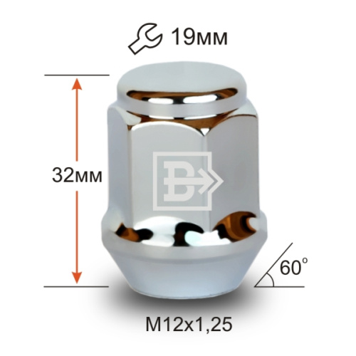 Гайка колеса M12x1.25 Конус h-32мм закрытая, Хром, Ключ 19, Арт. 801344 Cr