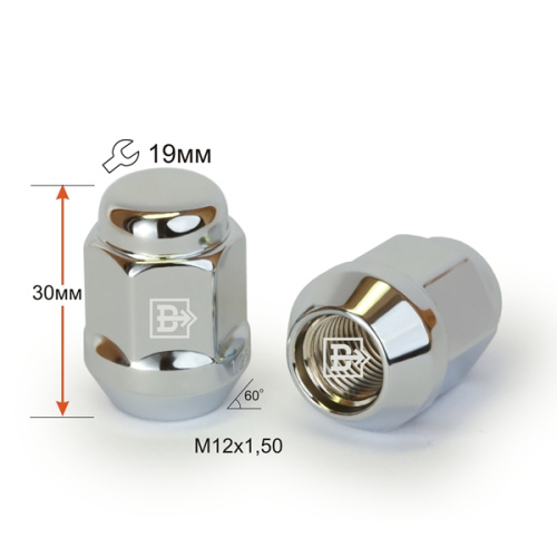 Гайка колеса M12x1.5 Конус h-30мм закрытая, Хром, Ключ 19, Арт. 401345Cr