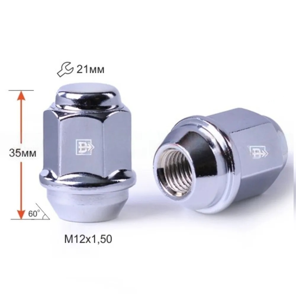 Гайка колеса M12x1.5 Конус h-35мм закрытая, Хром, Ключ 21, Арт. 901345MCr