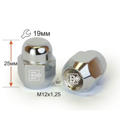 Гайка колеса M12x1.25 Конус h-25мм закрытая, Хром, Ключ 19, Арт. 601144CR