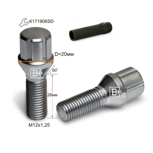 Болт колёсный M12x1.25 Конус L-28мм Хром, Спец Ключ, Ключ 171906SD Арт. 172110SD