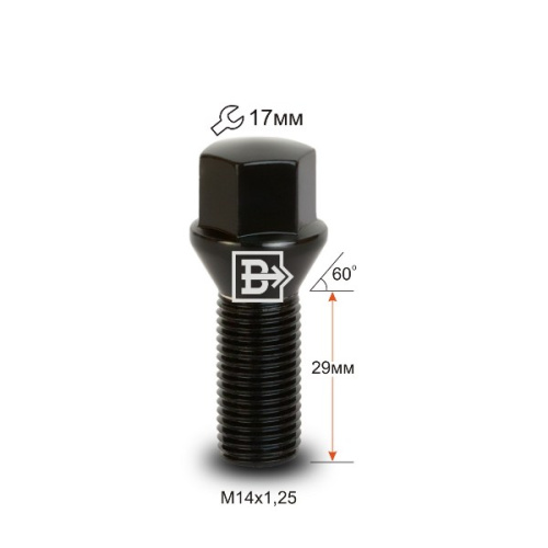 Болт колёсный M14x1.25 Конус L-29мм Черный, Ключ 17, Арт. 177115 BA