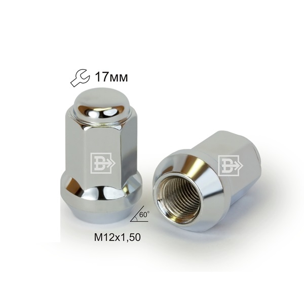 Гайка колеса M12x1.5 Конус h-35мм закрытая, Хром, Ключ 17, Арт. D90