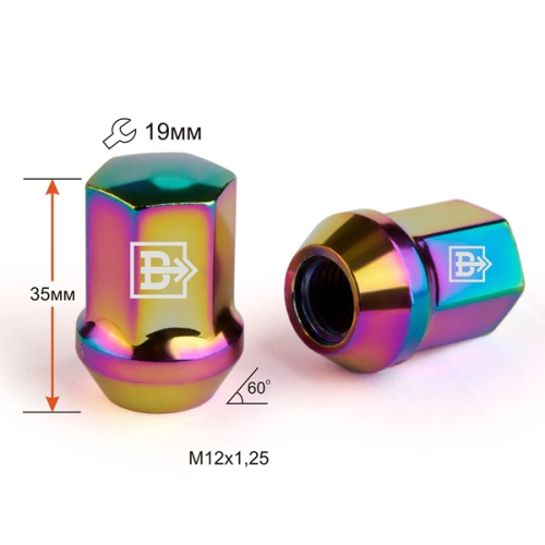 Гайка колеса M12x1.25 Конус h-35мм закрытая, Радужный хром, Ключ 19, Арт. 801444TICR
