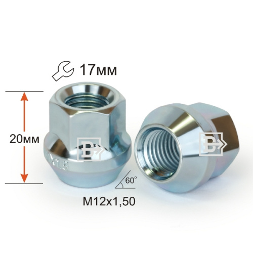 Гайка колеса M12x1.5 Конус h-20мм открытая, Цинк, Ключ 17, Арт. 300045Z
